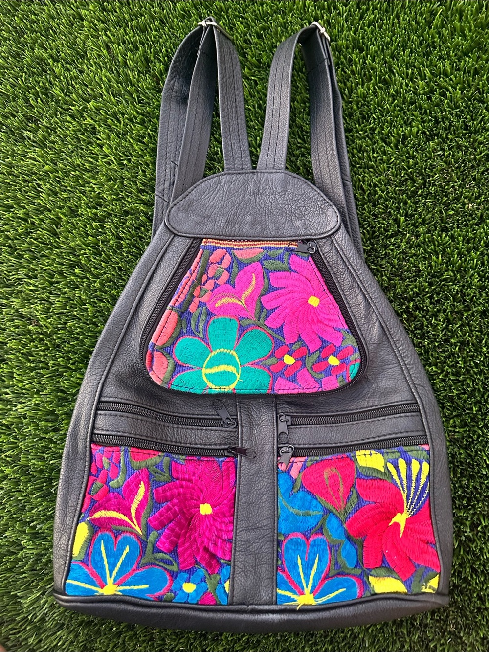 Embroidered Floral Black Leather Backpack - Vibrant Multicolor Panels